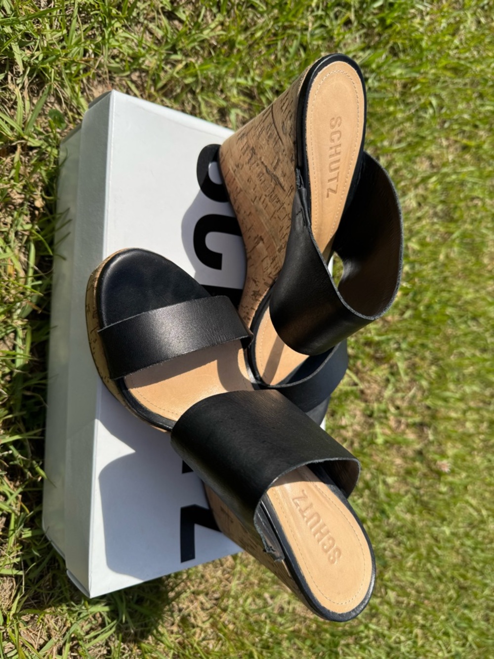 SCHUTZ Black Leather Cork Wedge Slides